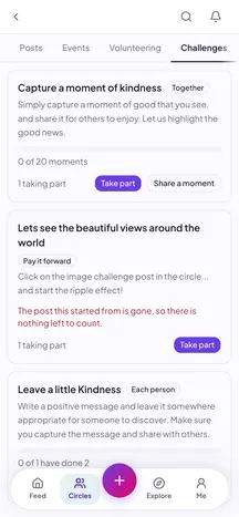 The Challenges tab of a Circle: each challenge has a progress bar and a count of who is taking part, with buttons such as Take part, Leave and Done, and an organiser also sees Set a challenge.