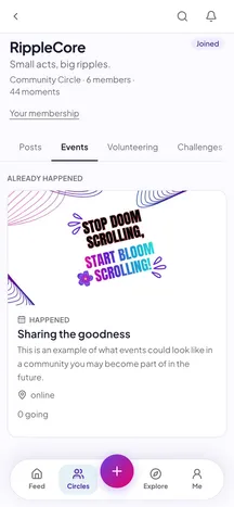The Events tab of a Circle: upcoming events with a date, a place, how many are going and an RSVP button, and an organiser also sees Plan an event, Edit and Register.