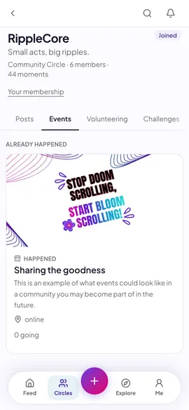 The Events tab of a Circle: upcoming events with a date, a place, how many are going and an RSVP button, and an organiser also sees Plan an event, Edit and Register.