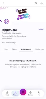 The Volunteering tab of a Circle: an opportunity with its date, place and what to bring, how many are going, and whether you are signed up, and an organiser also sees Add an opportunity, Edit and Register.