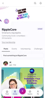A Circle’s page as its organiser sees it: its name and member count, an Invite people button, tabs for Posts, Events, Volunteering and Challenges, and a pinned post.