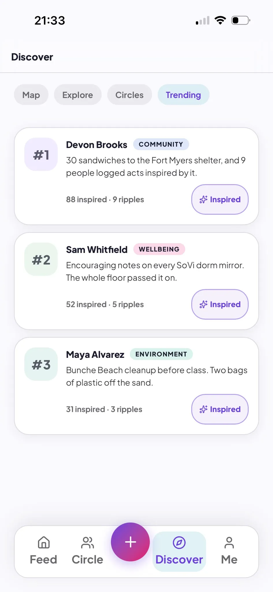 The RippleCore Discover screen showing trending acts of kindness