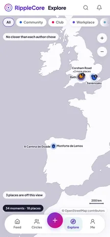The Explore screen: a map with a dot on each town where your Circles’ moments happened, each showing how many, with filters by category above it.