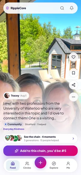 The RippleCore feed: a member’s moment about introducing two university professors to each other, over a full-screen photo of three people, and a link to its chain.