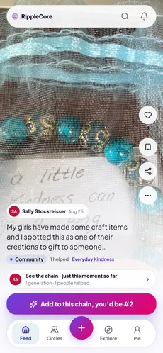 The RippleCore feed: a member’s moment about a bracelet her daughters made to give to someone, over a full-screen photo of it.